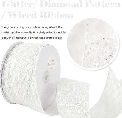HUIHUANG White Glitter Wired Ribbon for Christmas Tree 2.5 inch White Diamond Mesh Wire Ribbon for Tree Decoration, Wreaths, Garland, Gift Wrapping, Large Bows Making, Home Decor -10 Yards