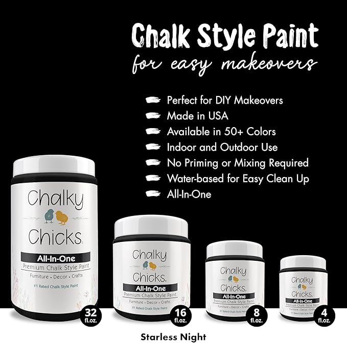 Chalky Chicks All-in-One Chalk Paint for Furniture or Cabinet - 8 Fl Oz - Matte Finish Starless Night Black for Metal, Wood Furniture Paint - No Sanding All-in-One for Home Decor & Crafts, USA Made