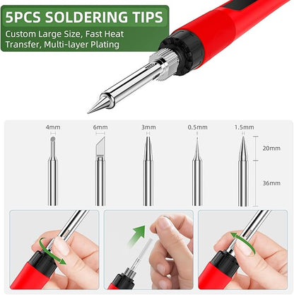 Soldering Iron Kit, 190W Soldering Gun, 110V LED Solder Kit for Electronics, Adjustable Temperature 356-932℉, Includes Solder Wire, Sucker, Tips, Stand, Tweezers, Paste and Solid Wood Box, Red