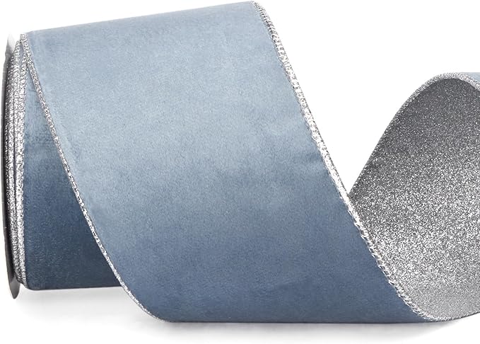 Ribbli Dusty Blue Velvet Wired Ribbon 4 Inch Dusty Blue Velvet with Silver Glitter Christmas Ribbon for Christmas Tree Decoration Big Bow Gift Wrapping Crafts Wreaths Supplies- 10 Yards