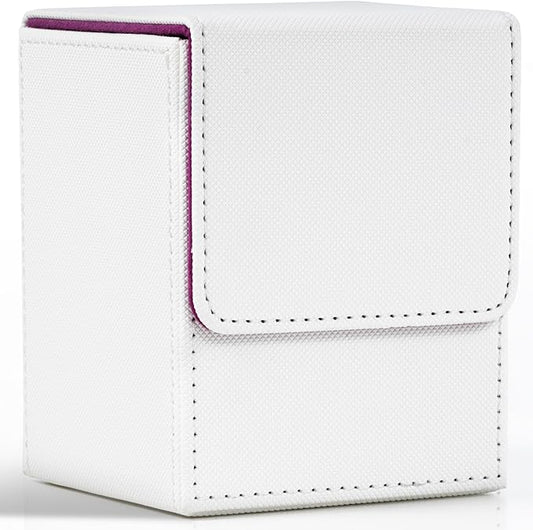ZLCA Card Deck Box for Trading Cards, MTG YuGiOh Deck Case Holds 100+ Single Sleeved Cards, PU Leather Magnetic Card Storage Box Fits for TCG CCG (White& Purple)