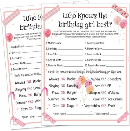 Who Knows the Birthday Girl Best - Girl Birthday Party Game - Themed Party Activity and Idea - Supplies, Decorations - 20 Game Cards