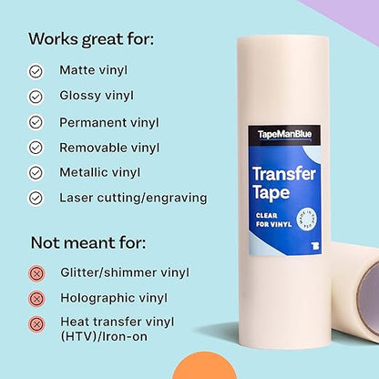 TapeManBlue Clear Transfer Tape for Vinyl, 12" x 50' Roll, Made in America, Premium Vinyl Transfer Tape for Crafts, Decals, and Letters