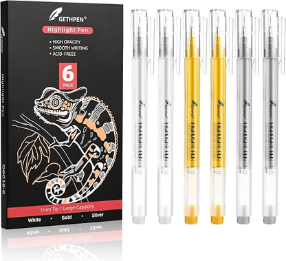 Gold Silver White Gel Pens, 1mm Fine Point Gel Ink Pen Opaque Archival Ink Pens for Black Paper Drawing, Sketching, Illustration, Card Making, Bullet Journaling, 6 Pack