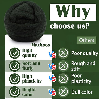 Mayboos Wool Roving Yarn, 1.76oz Colored Natural Wool Roving,Wool Felting Supplies Pure Wool Chunky Yarn for Wet Felting handcrafts and Spinning (Dark Green Color)