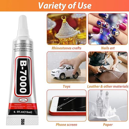 B7000 Clear Adhesive with Precision Tips, 5 PCS B-7000 Jewelry Bead Glue for Diamond Rhinestone Applicator Tools Set - Strength Adhesive for Nail Art DIY Crafts Clothes Shoes Bags