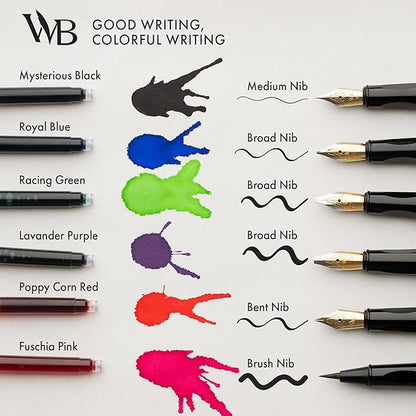 Wordsworth and Black Calligraphy Pen Set - Blue - Includes 2 Calligraphy Pens, 18 ML Ink Bottle, 60 Ink Cartridges, Ink Refill Converter, 1 Medium and 4 Broad Nibs, Brush Pen