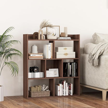 Giantex 7 Cube Bookshelf of 2, Free-Standing Wooden Bookcase, 4 Tier Home Display Shelf, Horizontal Storage Unit w/Anti-Toppling Devices, Open-Back Display Rack for Study, Living Room, Walnut