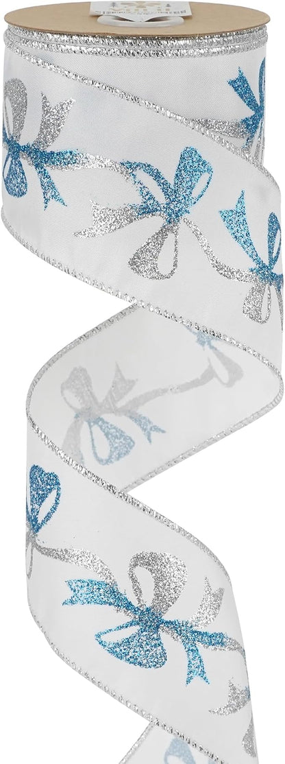 MEEDEE Blue & Silver Christmas Ribbon, 2.5 Inch Wired Satin Ribbon with Turquoise & Silver Glittery Bows, 10 Yards (30 Feet), Perfect for Tree, Garlands, Toppers & Bows