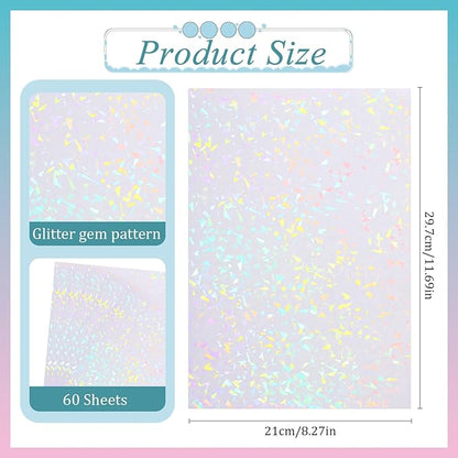 SHENLIU 60 Sheets Holographic Laminate Sheets Clear Glitter Vinyl Sticker Paper Holographic Overlay Self Adhesive Waterproof Transparent Film for Sticker Paper, 11.7 x 8.3 Inch (Gem Patterns)