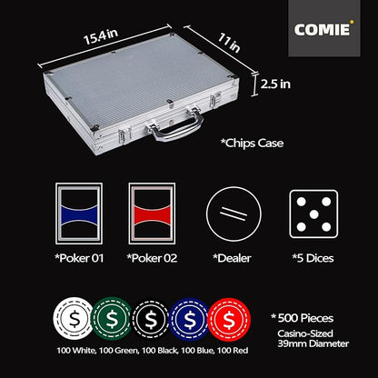 Poker Chips,500PCS Poker Chip Set with Aluminum Travel Case,11.5 Gram Poker Set for Texas Holdem Blackjack Gambling