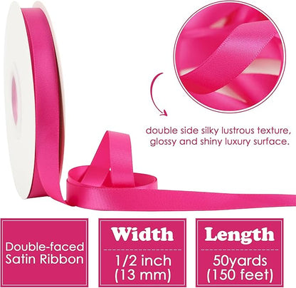 HUIHUANG Hot Pink Satin Ribbon 1/2 inch X 50 Yards Continuous Fuchsia Double-Faced Satin Ribbon for Gift Wrapping, Bows, DIY Crafts, Flower Bouquet, Wedding Bridal Shower Decor, Flower Crown