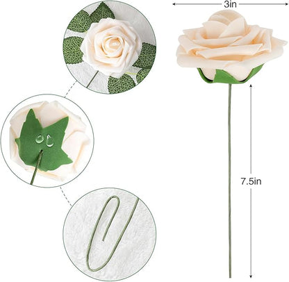 AmyHomie Artificial Flower Champagne Rose 25pcs Real Looking Fake Roses w/Stem for DIY Wedding Bouquets Centerpieces Arrangements Party Baby Shower Home Decorations