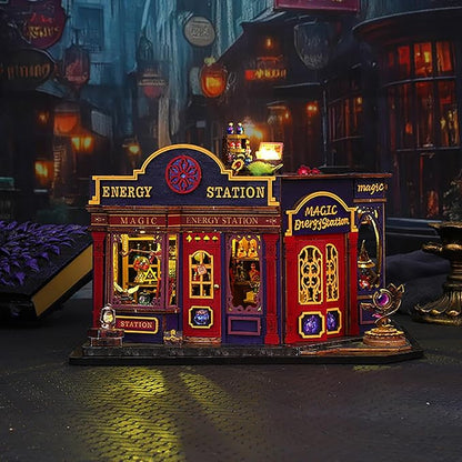 DIY Book Nook Kit - DIY Miniature Dolls House Kit with Furniture and LED Light, 3D Puzzle Wooden Art Bookends, Model Kits for Adults to Build (Magic Energy Station)