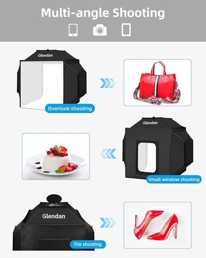 Glendan Portable Light Box Photography: 16"x16" Professional Dimmable Photo Box with High CRI 480 LED Lights - Soft Box with 4 Photo Backdrops for Jewelry and Product Photography