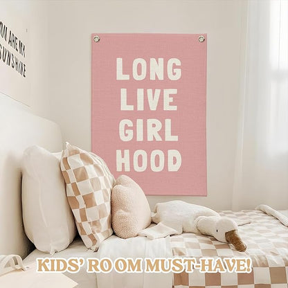 Toddler Girl Room decor,Long Live Girlhood Pink Linen Banner, Nursery Playroom Wall Hanging Flag Banner for Kids Bedroom Toddler Decorations Trendy Room Decor 18x25 Inch