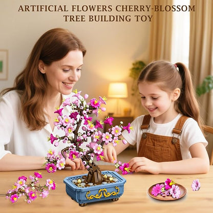 HOGOKIDS Flowers Cherry-Blossom Bonsai Building Set - 2 in 1 Artificial Bonsai Tree Plants for Home Decor & Display Cherry Botanical Flowers Building Toy Birthday Gift for Adults Teens (775PCS)