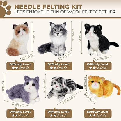 MOREJMTT Needle Felting Kit, 6 PCS Animal Needle Felting Beginner Kits, Wool Felt Needle Felting Tools Foam Pad, Craft Party Supplies for Beginners Adult(Cat Family)