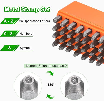 HARFINGTON 36pcs Metal Stamping Kit 5/64" (2mm) Steel Uppercase Letter and Number Punch Set (A-Z / 0-8 / "&" Symbol) Punch Press Tool with Case for Imprinting Metal Plastic Wood Leather