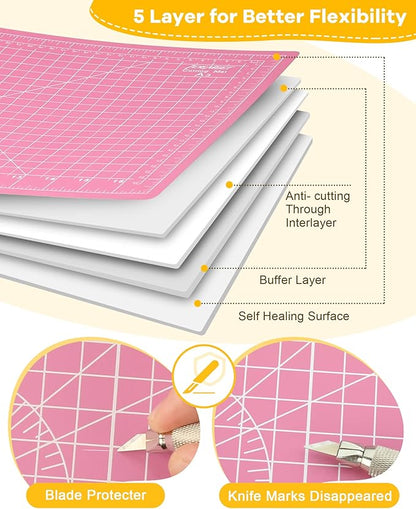 Density-upgraded 9"x12" Self Healing Cutting Mat, Idemeet Rotary Sewing Mat for Crafts, 5-Ply Blade Table Protector Cut Board for Fabric Leather Cutting Quilting Modeling Hobby Project, A4, Pink