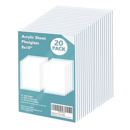 Egofine Plexiglass Sheets Acrylic Sheets 20 Pack of 8x10’’ 0.04 Thick Clear Plastic Cast Transparent Plexi Glass for Crafting Projects, Replacement Picture Frame Glass, DIY Display, Easy to Cut