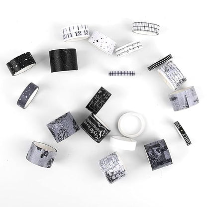 Dizdkizd Black and White Washi Tape Set, 20 Rolls Gothic Aesthetic Japanese Washi Tape Wide Scrapbooking Supplies Decorative Tape for Journaling, Planner, DIY Crafts