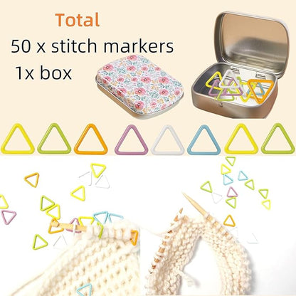 Hilsayum 50Pcs Heart Shape Stitch Markers for Crocheting,Crochet Stitch Markers with Floral Design Small Tin Box