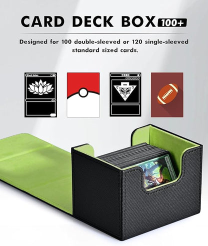 ZLCA Card Deck Box for Trading Cards, MTG Commander Deck Box Holds 120+ Single Sleeved, Leather Magnetic Card Storage Case Fits for TCG CCG Magic(Black& Green)