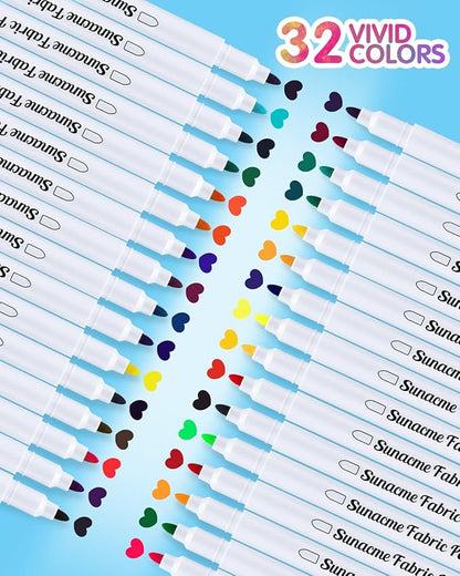 Fabric Markers Pen, 32 Colors Permanent Fabric Paint Pens for T-Shirt, Fine Tips Art Marker Set for Canvas Bags Hats Sneakers and Textiles