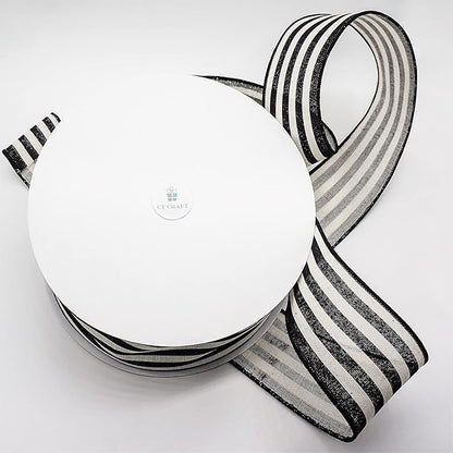 CT CRAFT LLC Striped Canvas Cotton Ribbon 2.5" x 50 Yards Ivory/Black Stripes for Thanksgiving Christmas Home Décor Gift Wrapping Outdoor Tree Topper Bow Wreath