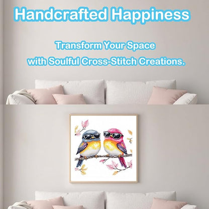 51buyoutgo 11CT Stamped Cross Stitch Kits for Adults - 12x12 in Embroidery Kit with Funny Easy Washable Colorful Birds Pattern, Pre Printed Fabric, Fit for DIY Home Decor, Mom Gifts & Stress Relief