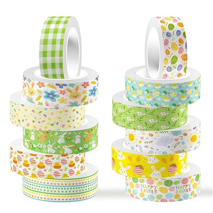 12 Rolls Summer Washi Tape, Green Plaid Colorful Floral Masking Tape, Cute Animal Decorative Sticker for Summer Scrapbook Journal DIY Craft Birthday Gift Wraps 16.4FT