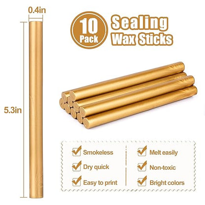 Glue Gun Sealing Wax Sticks for Wax Seal Stamp - Metallic Gold, Great for Wedding Invitations, Cards Envelopes, Snail Mails, Wine Packages, Christmas Gift Ideas, Pack of 10