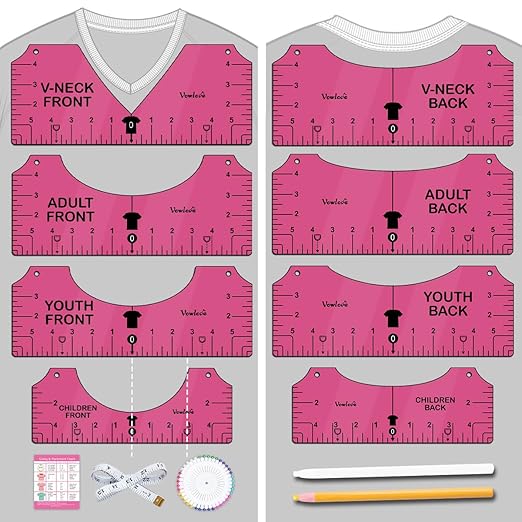 Vowlove Tshirt Ruler Guide for Vinyl Alignment: T Shirt Rulers to Center Designs, Tee Shirt Alignment Tools for Heat Press, Sewing Accessories HTV Heat Transfer Vinyl, V-Neck Front Back Measurement