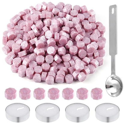 500 Pcs Wax Seal Kit - Pink Octagon Sealing Beads With 4 Tea Candles and 1 Melting Spoon for Crafts, Letters, Wine, Greeting Cards