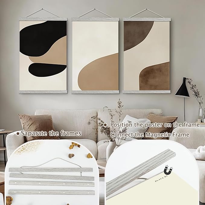 Artmag Magnetic Poster Hanger Frame, 26x38 26x37 26x20 Light Wood Wooden Magnet Canvas Artwork Print Poster Hangers Frames Hanging Kit (Grey, 26")