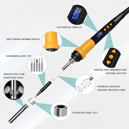 Soldering Iron Kit,80W LED Display Adjustable Temperature Soldering Iron Kit with Automatic Sleep Mode, Includes 5 Tips, Solder Wire, Stand, Flux - Professional Blue Welding Tool for Repair and DIY