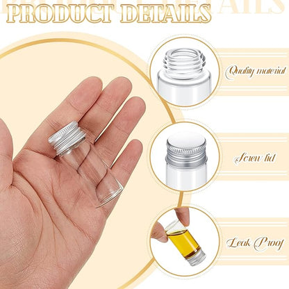 100 Pcs Small Clear Vials Spice Mini Jars with Lids Mini Glass Bottles with Screw Aluminum Metal Caps Tiny Jars Sample Containers for Powder Cream Cosmetic Jewelry Wedding (10 ml,Silver Caps)