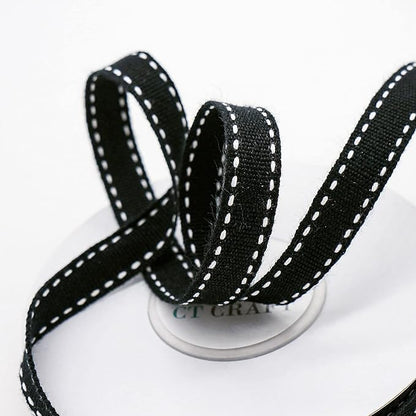 CT CRAFT LLC Black Cotton White Stitched Ribbon 3/8" x 10 Yards for Home Décor Gift Present Wrapping DIY Crafts Birthday Wedding Bouquet Christmas