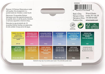 Winsor & Newton Cotman Watercolor Paint Set, 12 Half Pan w/ Water Brush Pen and Mixing Palette