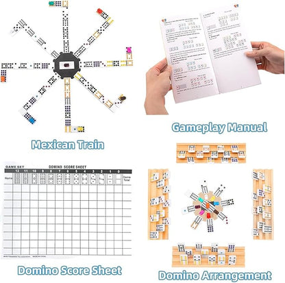 Upgraded Mexican Train Dominoes Set with 8 Wooden Holders, Double 12 Dominos Set for Kids, Adults Travel Domino Train Set with 91 Tiles and Carry Case, Classic Board Games for Family Night