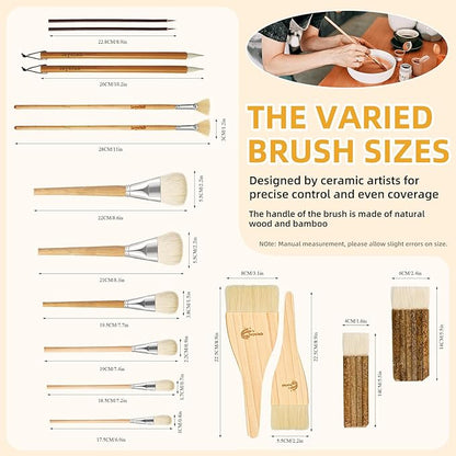 Pottery Glaze Brushes,16 PCS Painting Ceramic Brush Set, Different Shape Wool Soft Bristle for Ceramic Pottery Glazing Creation