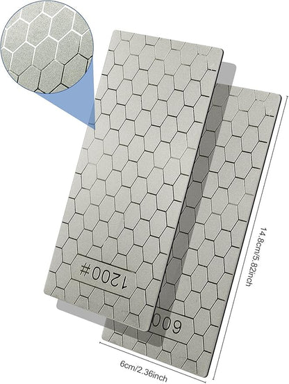 2PCS Diamond Sharpening Stone, Kalolary Knife Sharpener Stone Whetstone Honeycomb Surface Diamond Sharpener Plate with Non-slip Base for Pocket Knives Scissors, Outdoor Kitchen Tools (600/1200 Grit)