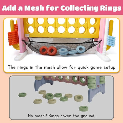 Giant 4 in a Row Connect Game with Mesh Fabric | Height Adjustable 4-in-1 Jumbo 4-to-Score Yard Game Set with Basketball, Golf & Ring Toss | Outdoor Indoor Family Yard Party Game for Kids & Adults