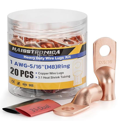 haisstronica 10pcs 1 AWG - 5/16" (M8) Battery Cable Lugs, Heavy Duty Copper Wire Lugs with 10pcs 3:1 Adhesive Heat Shrink Tubing, 1 Gauge Wire Connectors Battery Terminal Connector, Battery Cable Ends