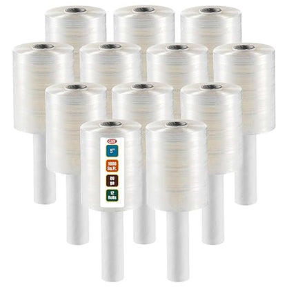 12 Pack Industrial Strength Mini Hand Stretch Wrap 5" 1000 Ft Roll 80 Gauge Thick, Shrink Wrap Roll for Moving Supplies, Furniture, Pallets, Plastic Wrap for Packing, Heavy Duty Stretch Film