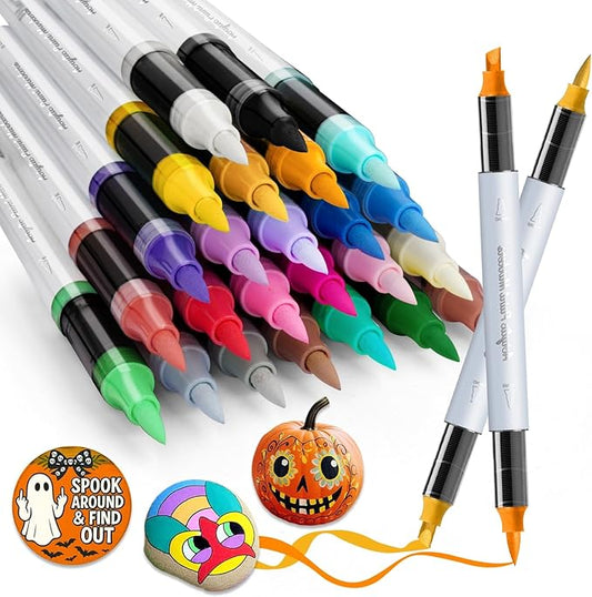 SFAIH Pumpkin Acrylic Markers, 24 Colors Halloween Decor Paint Pens for Pumpkin Decorating, Costume Making, Dual Tips (1-6mm Brush & 0.5-4mm Chisel) for Glass, Ceramic, fabric, Waterproof & Quick-Dry
