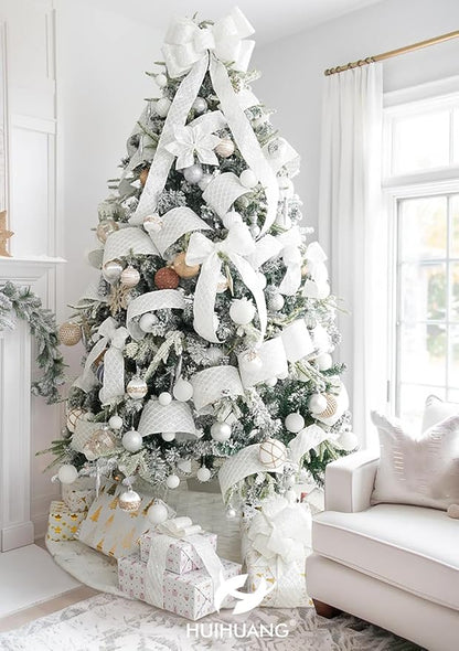 HUIHUANG White Glitter Wired Ribbon for Christmas Tree 2.5 inch White Diamond Mesh Wire Ribbon for Tree Decoration, Wreaths, Garland, Gift Wrapping, Large Bows Making, Home Decor -10 Yards