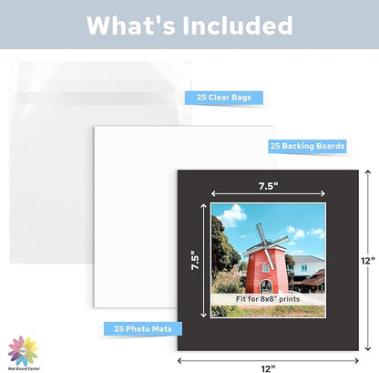 Mat Board Center, Pack of 25, 12x12 for 8x8 Black Mat Kit - Acid Free, 4-ply Thickness, White Core - Includes Backing Boards and Clear Bags - for Pictures, Photos, Framing