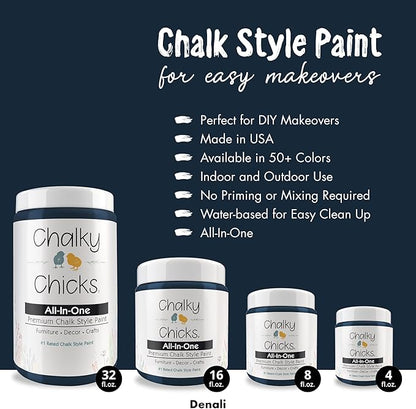 Chalky Chicks All-in-One Chalk Paint for Furniture or Cabinet - 4 Fl Oz - Matte Finish Denali (Deep Blue) for Metal, Wood Furniture Paint - No Sanding All-in-One for Home Decor & Crafts, USA Made